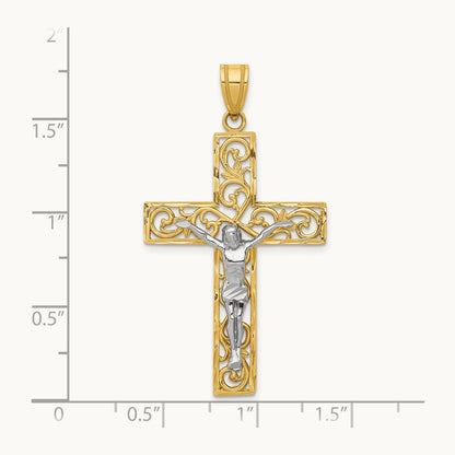 D/C Large Block Filigree Crucifix Pendant, 14K Two-tone