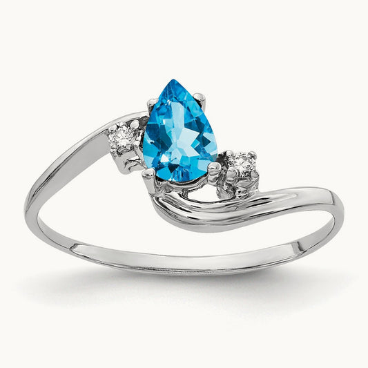 6x4mm Pear Blue Topaz AA Diamond ring, 14K White Gold