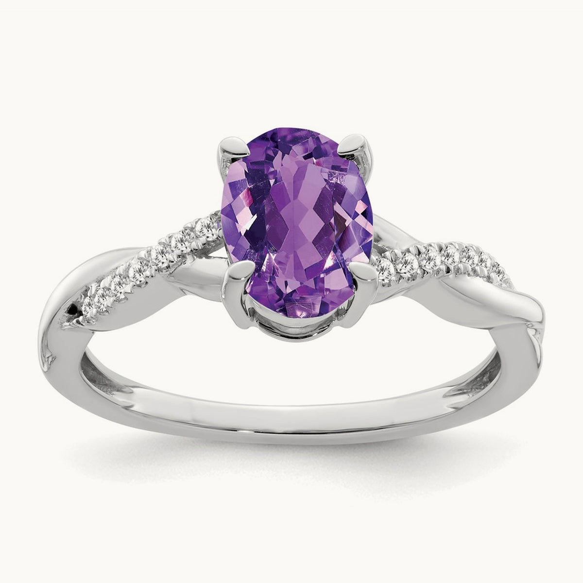Oval Amethyst and Diamond Ring — 14K White Gold, 0.07 ct, 7
