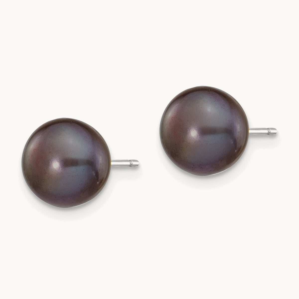 Black Button Freshwater Cultured Pearl Stud Post Earrings — 14K White Gold