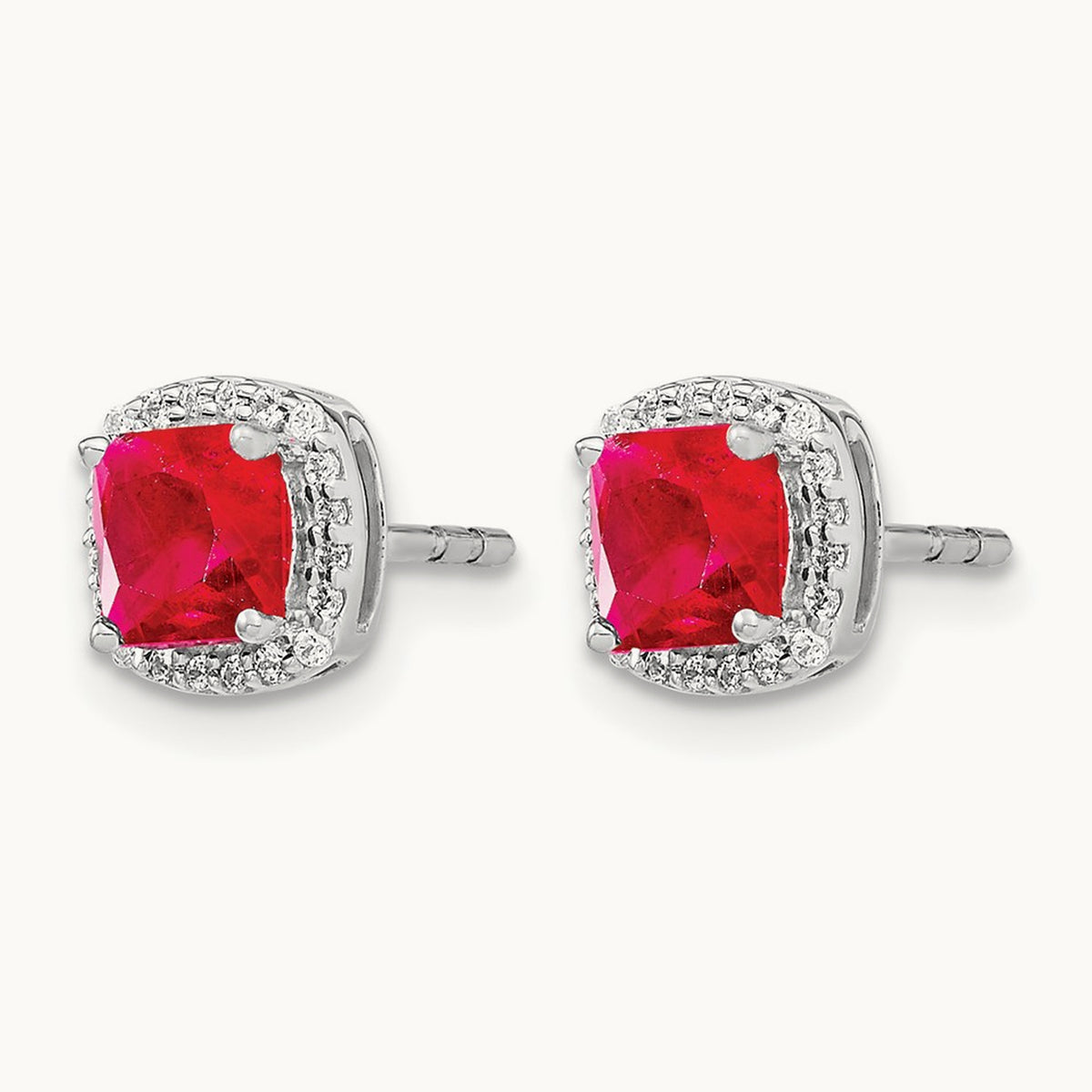 Cushion Ruby and Diamond Halo Earrings, 14K White Gold