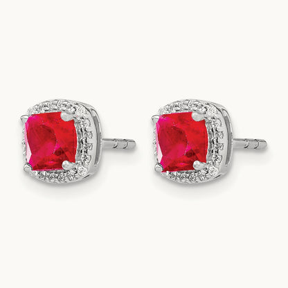 Cushion Ruby and Diamond Halo Earrings, 14K White Gold