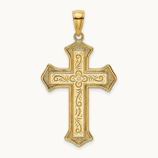 2-D Filigree Center Block Cross Charm — 14K Yellow Gold