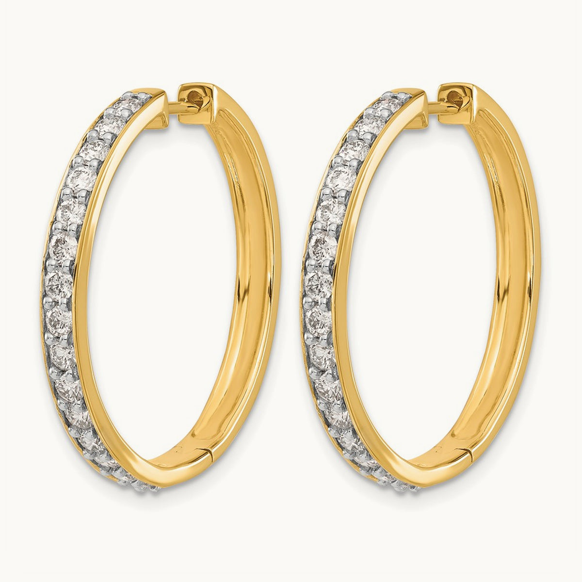 Diamond Hinged Hoop Earrings — 14K Yellow Gold, 29mm, 1.5 ct