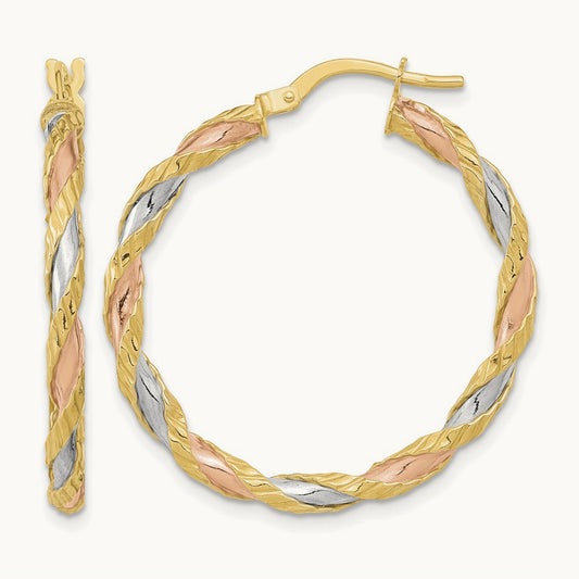 Textured Twisted Hoop Earrings, 14K with Rose and White Rhodium
