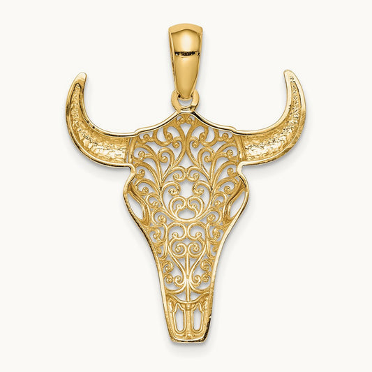 Filigree Steer Skull Pendant, 14K