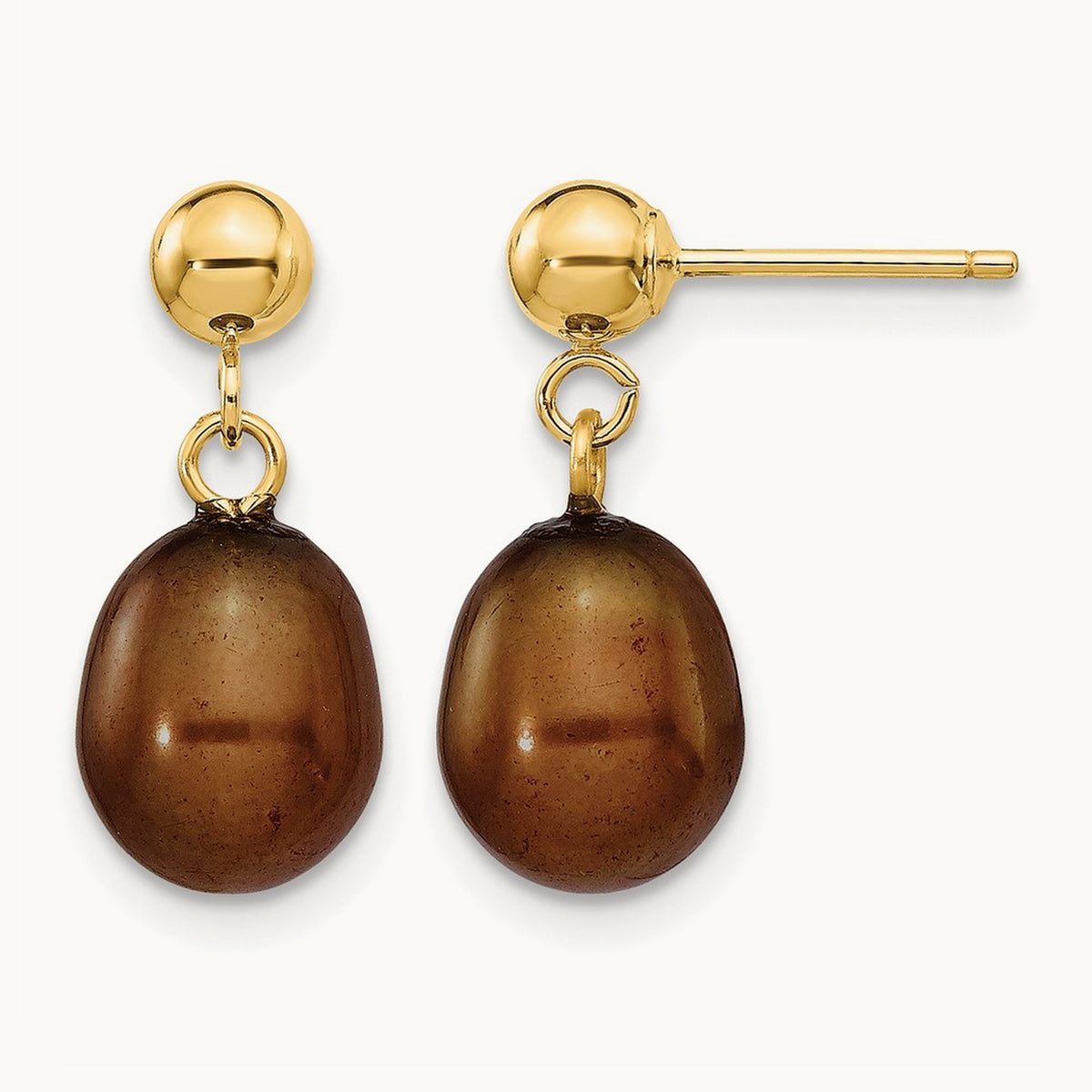 7- Brown Rice Freshwater Cultured Pearl Post Dangle Earrings, 8mm, 14K