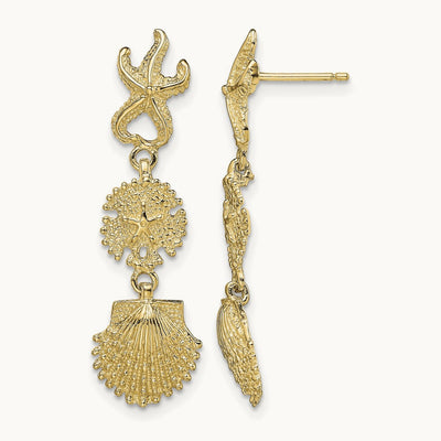 Starfish, Sand Dollar ,Scallop Shell Dangle Earrings, 14K