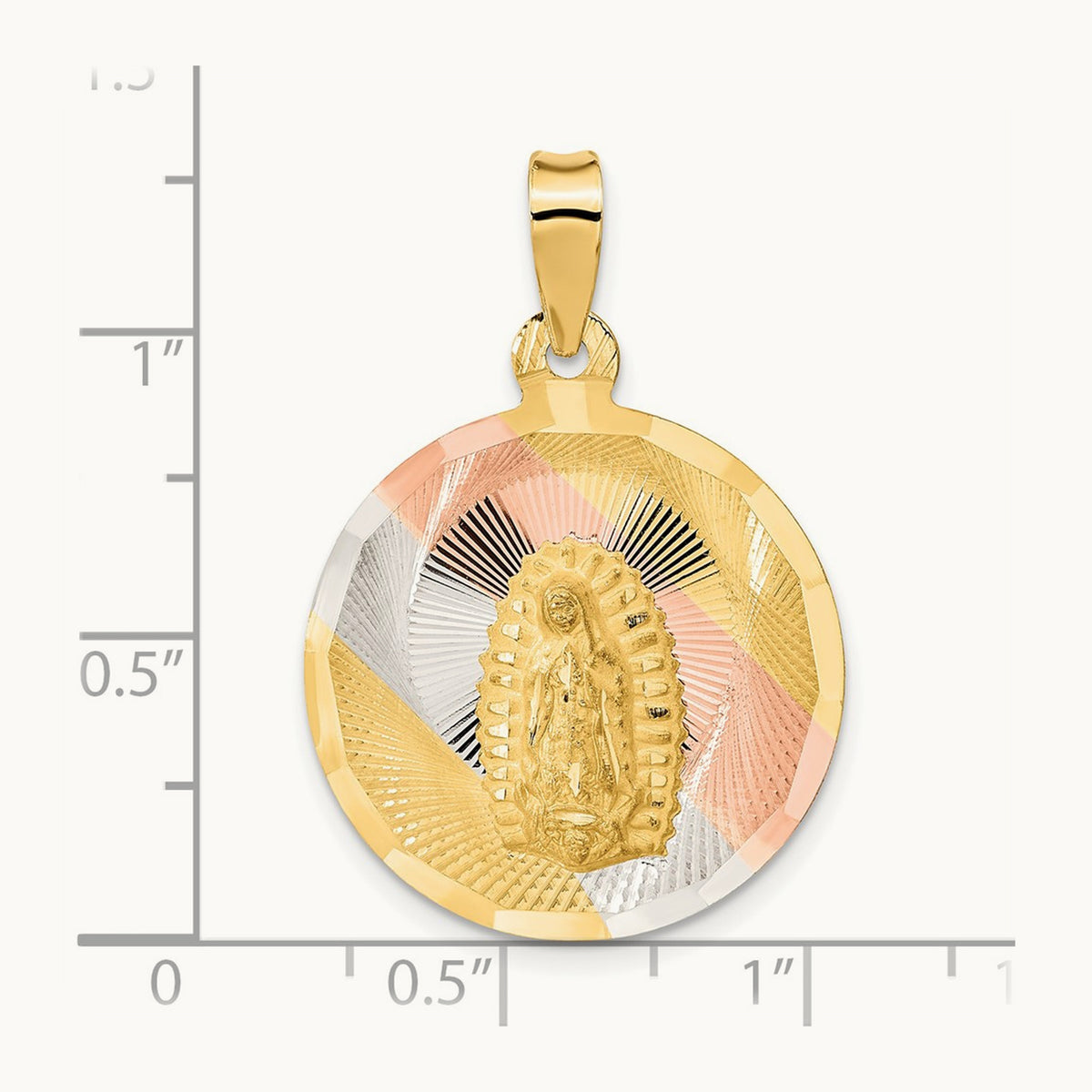 Polished Diamond-cut Lady Of Guadalupe Circle Pendant — 14K Two-Tone Gold, 34mm