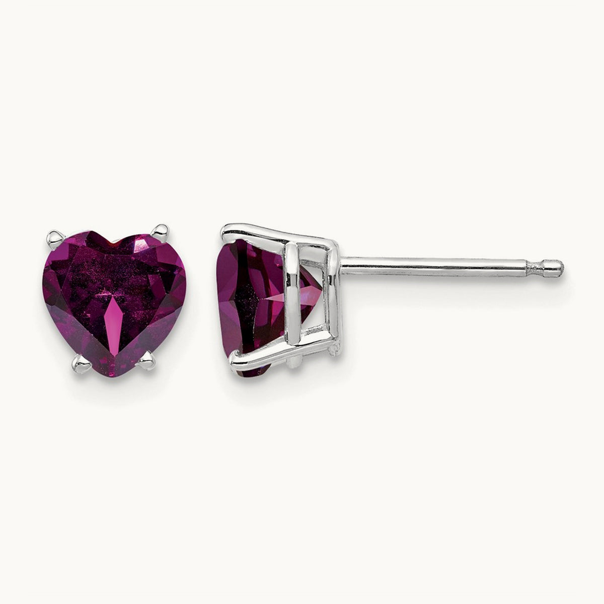 Heart Rhodolite Garnet Earrings, 6mm, 14K White Gold