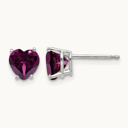 Heart Rhodolite Garnet Earrings, 6mm, 14K White Gold