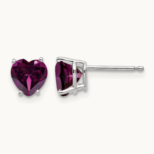 Heart Rhodolite Garnet Earrings, 6mm, 14K White Gold
