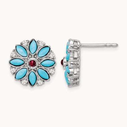 Turquoise/Creat. Ruby/Wht. Topaz Floral Earrings, 14K White Gold