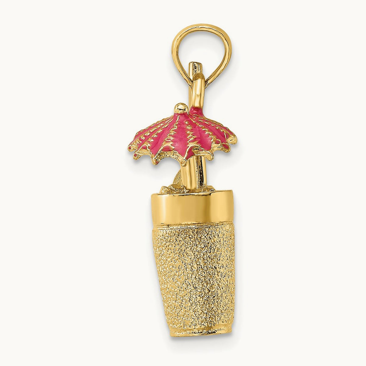 3-D Cocktail Drink w/Fuschia Enamel Umbrella and Lime Charm, 14K