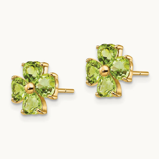 Heart-shaped Peridot Flower Post Earrings, 14K