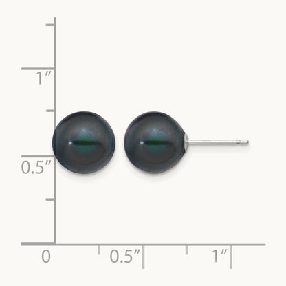 9- Black Round FW Cultured Pearl Stud Post Earrings, 10mm, 14K White Gold