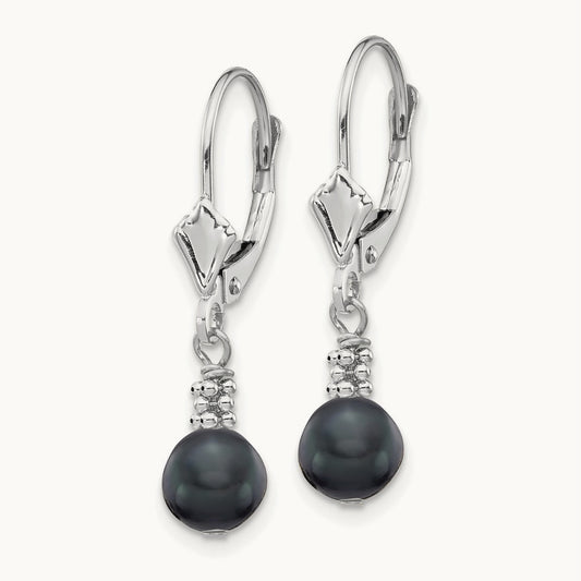 5- Black Semi-round FWC Pearl Leverback Earrings, 6mm, 14K White Gold