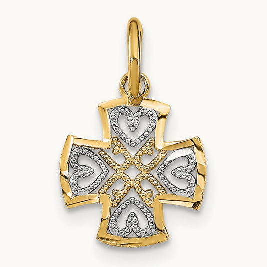 w/Rhodium and D/C Hearts In Cross Charm, 14K