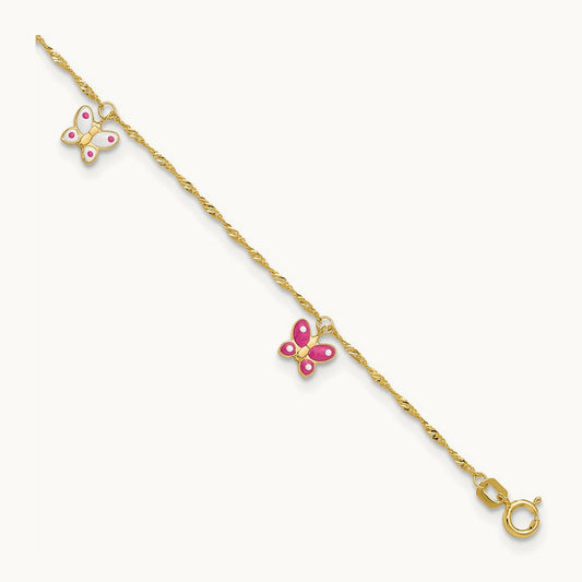 Enameled Butterfly 9in Plus 1in Ext Anklet, 14K