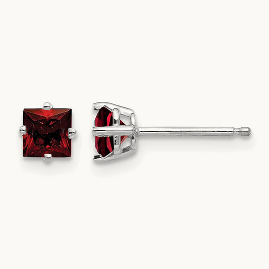 Princess Cut Garnet Earrings, 4mm, 14K White Gold