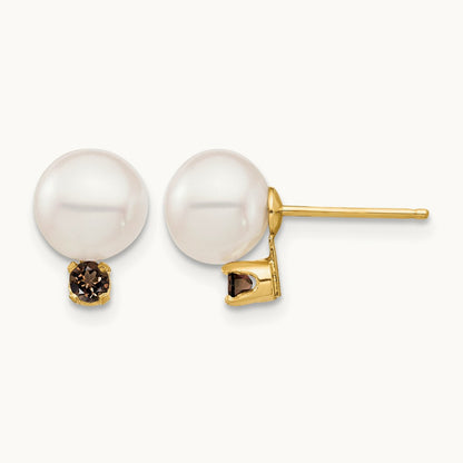 7- White Round FW Cultured Pearl Smokey Quartz Post Earrings, 7.5mm, 14K