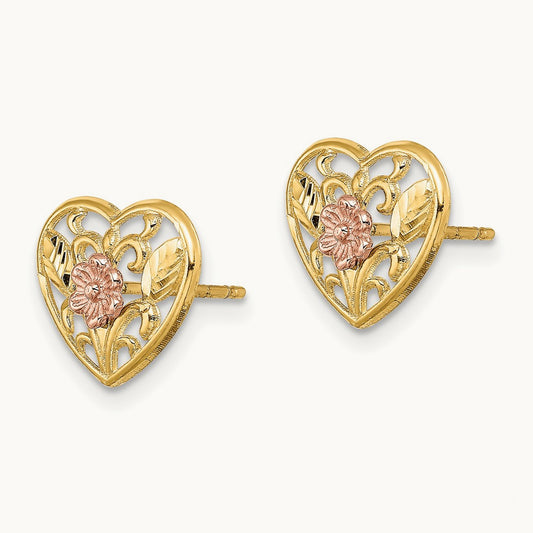 Polished Floral in Heart Post Earrings, 14K Two-tone