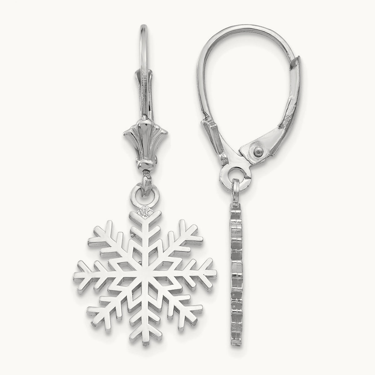 Snowflake Leverback Earrings — 14K White Gold