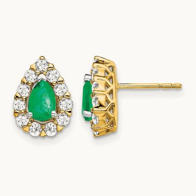 Pear Emerald and Diamond Halo Post Earrings, 14K