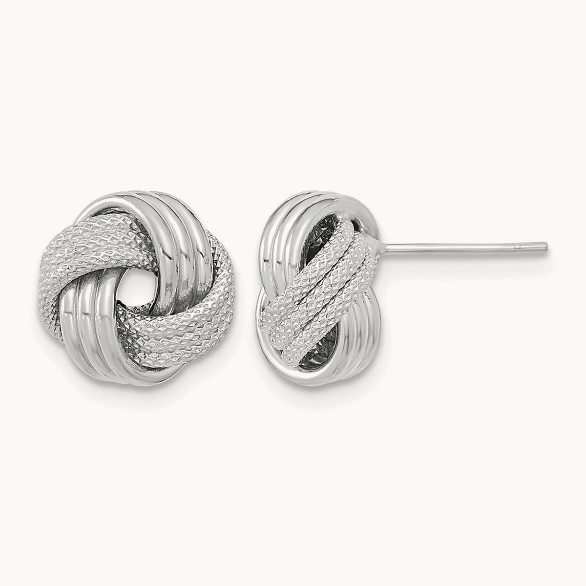 Polished Textured Love Knot Post Earrings — 14K White Gold, 10.5mm