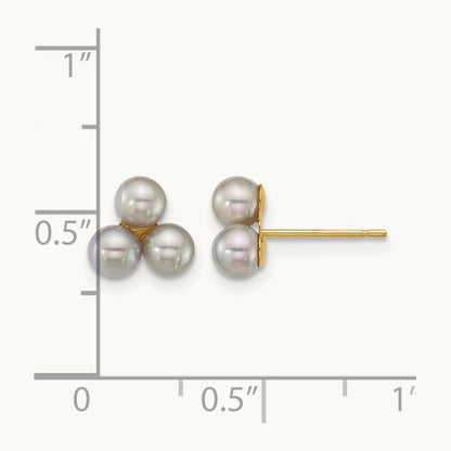 3- Button Grey Freshwater Cultured 3 Pearl Post Earrings, 4mm, 14K