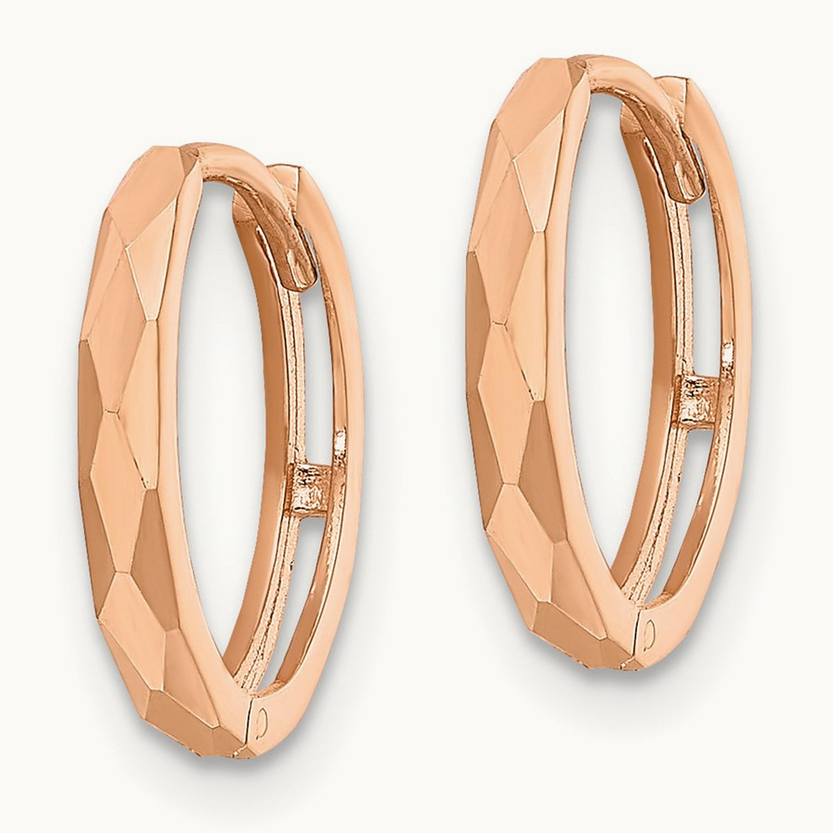 Polished Faceted Hinged Hoop Earrings — 14K Rose Gold, 2x14mm