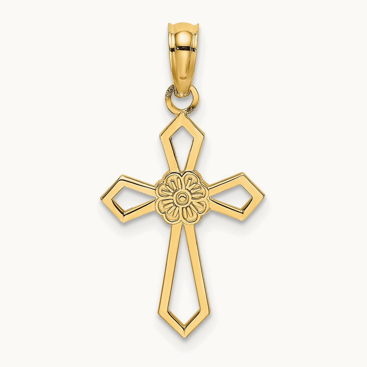 Cut-Out and Flat Cross W/ Flower Charm, 14K