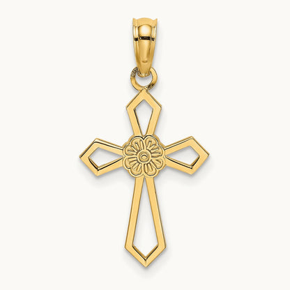 Cut-Out and Flat Cross W/ Flower Charm, 14K