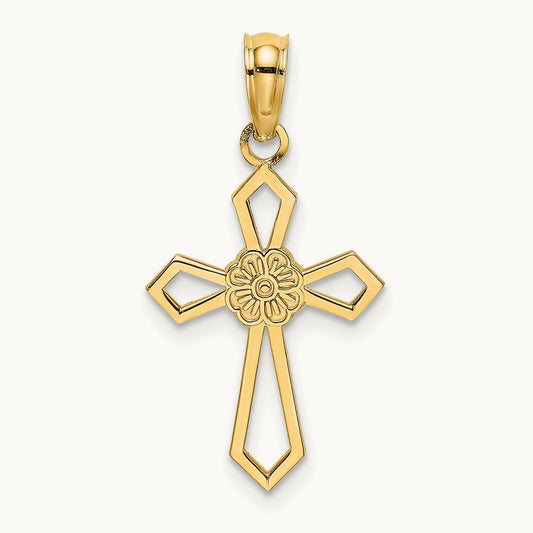 Cut-Out and Flat Cross W/ Flower Charm, 14K