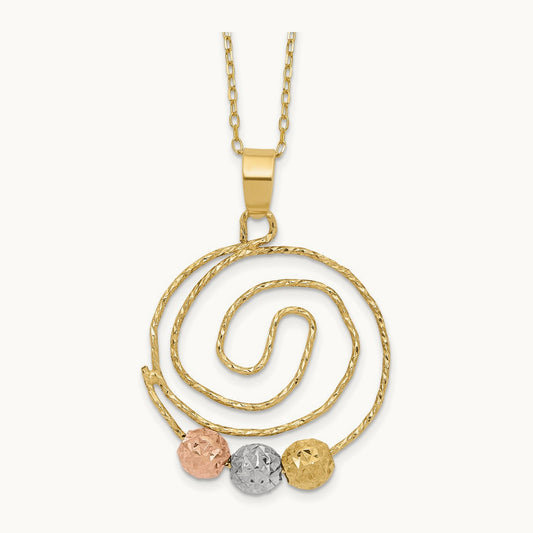 Tri-color D/C Beads on Spiral Pendant Necklace, 14K
