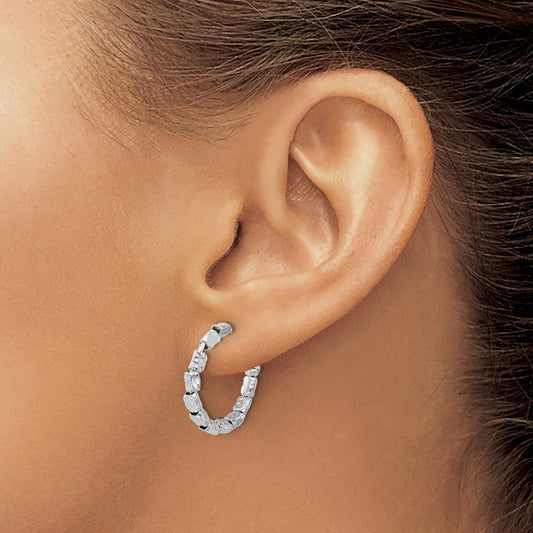 Rhodium-plated Polished/Hammered J-Hoop Post Earrings — Sterling Silver