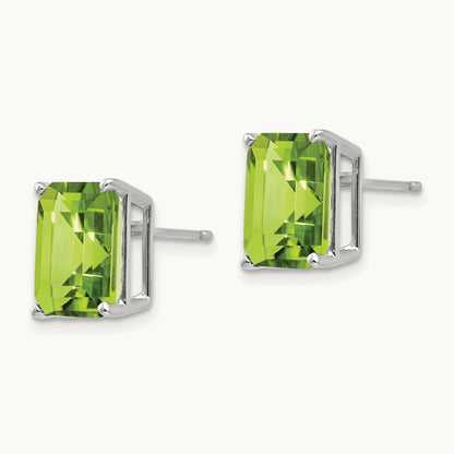 10x8mm Emerald Cut Peridot Earrings, 14K White Gold