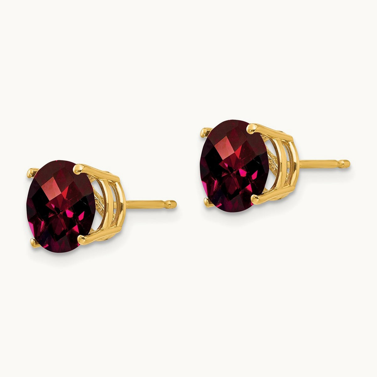 Garnet Checker Post Earrings, 8mm, 14K