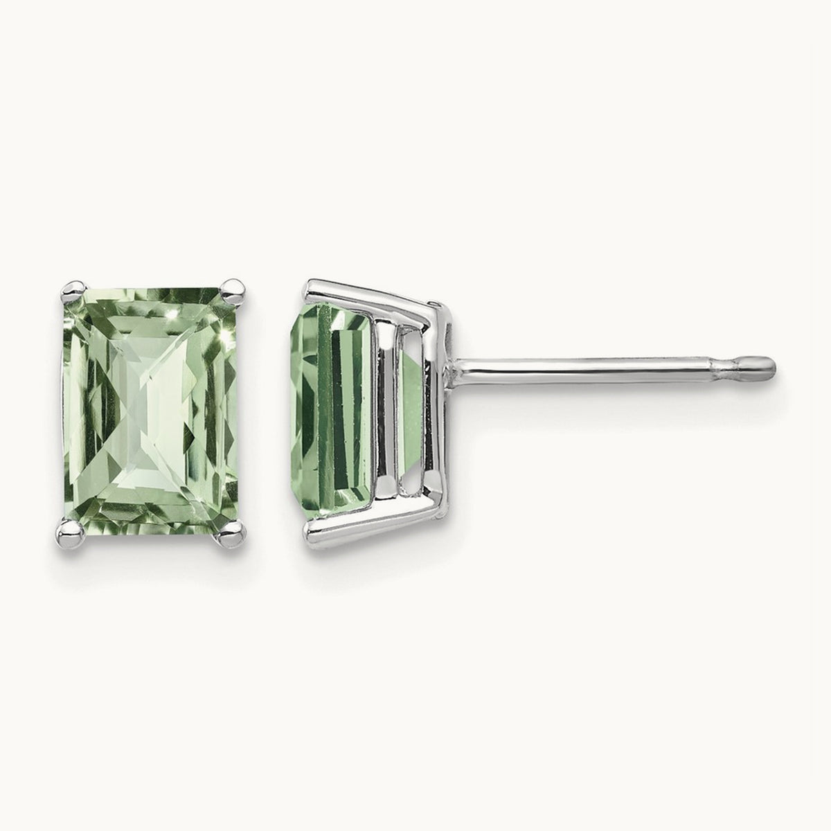 7x5mm Octagon Checker-Cut Green Quartz Earrings, 14K White Gold