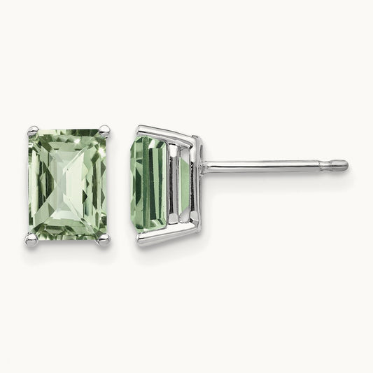 7x5mm Octagon Checker-Cut Green Quartz Earrings, 14K White Gold