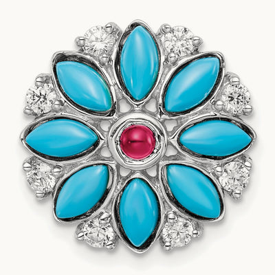 Turquoise/Creat. Ruby/White Topaz Floral Chain Slide, 14K White Gold