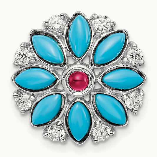 Turquoise/Creat. Ruby/White Topaz Floral Chain Slide, 14K White Gold