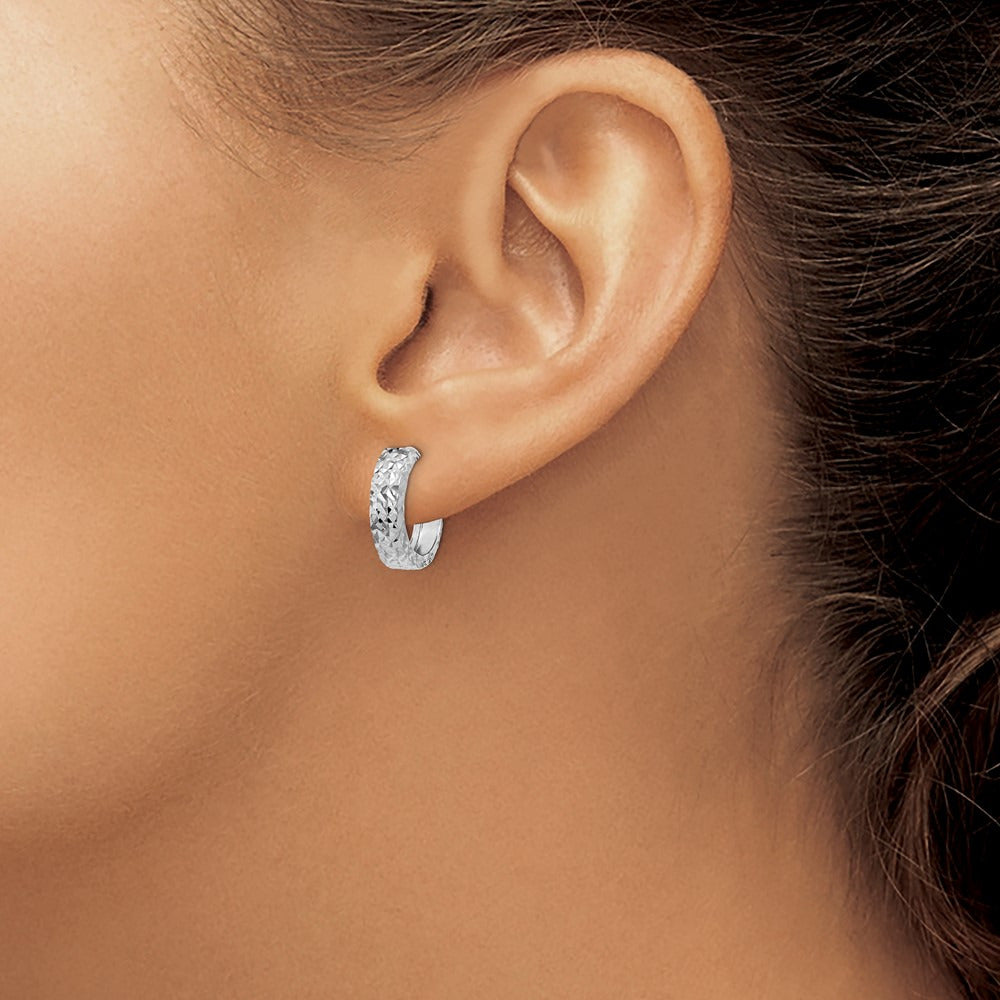 Diamond-cut Hinged Hoop Earrings — 14K White Gold, 14mm
