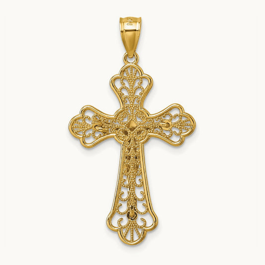 Polished Diamond-cut Filigree Fancy Crucifix Pendant, 14K