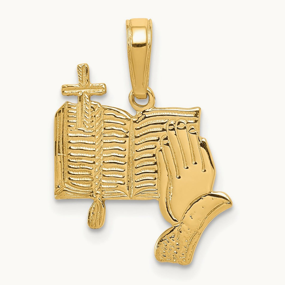 Bible, Praying Hands, and Cross Pendant, 14K