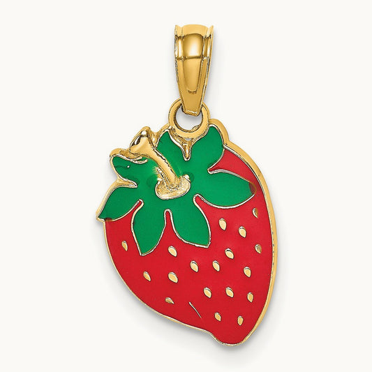 W/ Enamel Strawberry With Leaf Charm, 14K