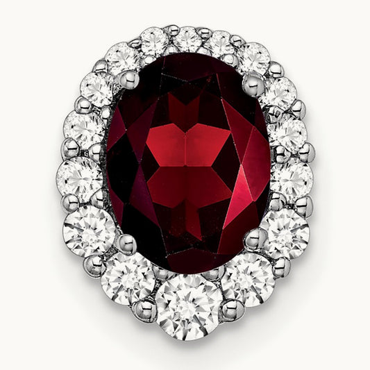 Oval Garnet and Diamond Halo Chain Slide, 14K White Gold