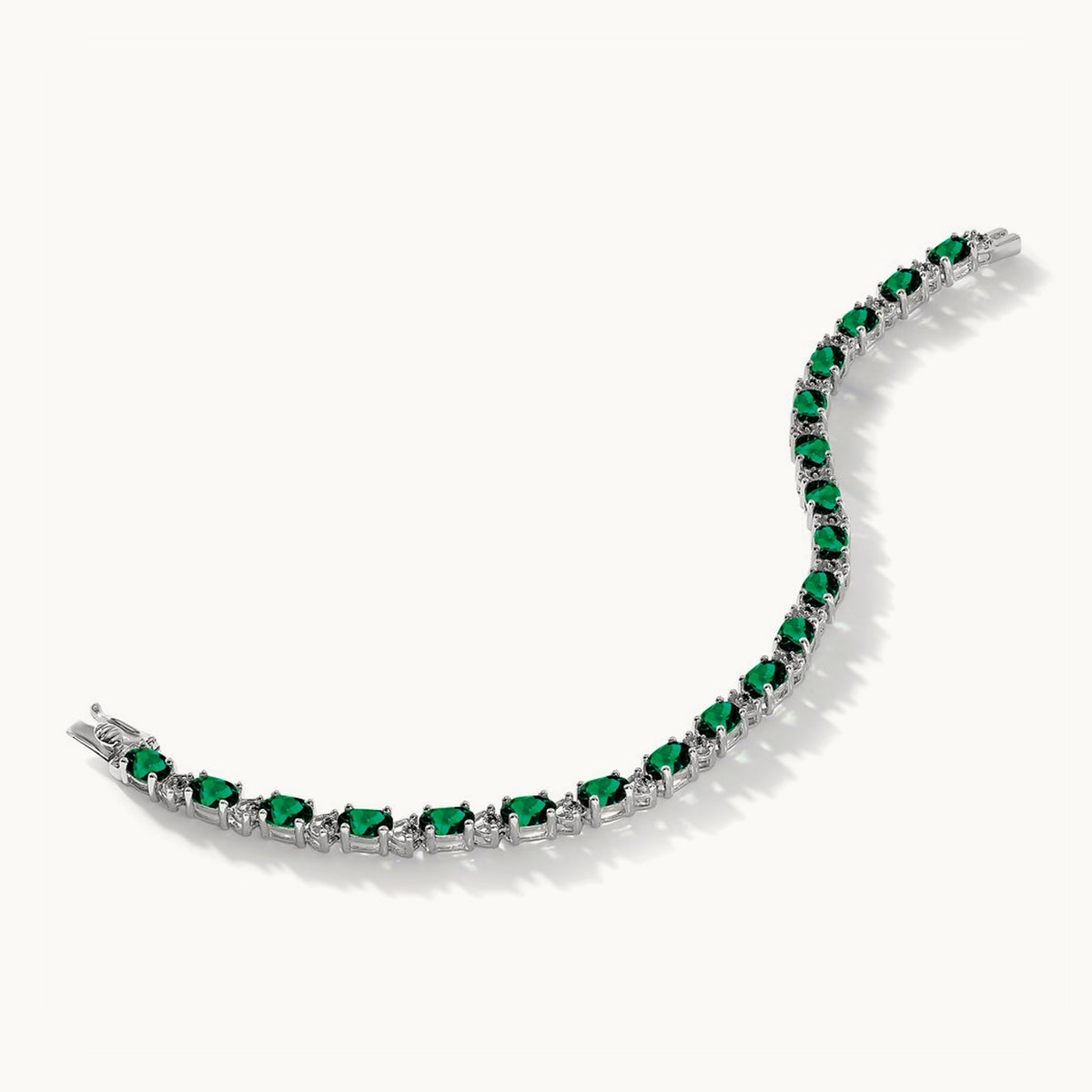 Oval Created Emerald and Diamond Bracelet, 14K White Gold