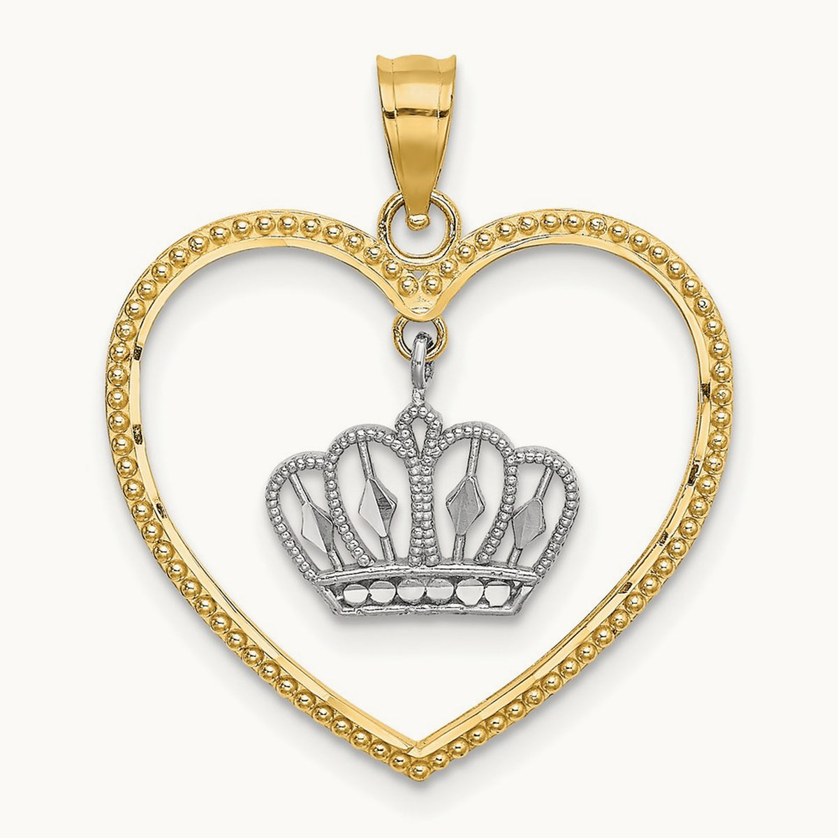 14k& White Rhodium Beaded Heart w/ Dangling Crown Charm