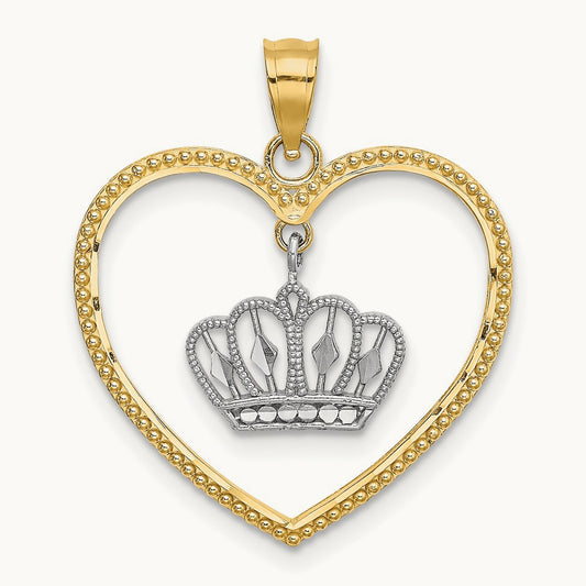 14k& White Rhodium Beaded Heart w/ Dangling Crown Charm